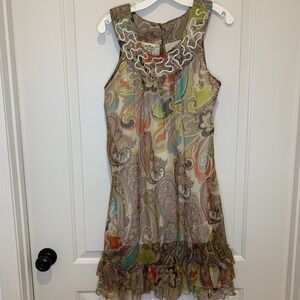Parsley  & Sage Multi Color Ruffled Dress Med Bohemian Lagenlook Med Sheer Lined